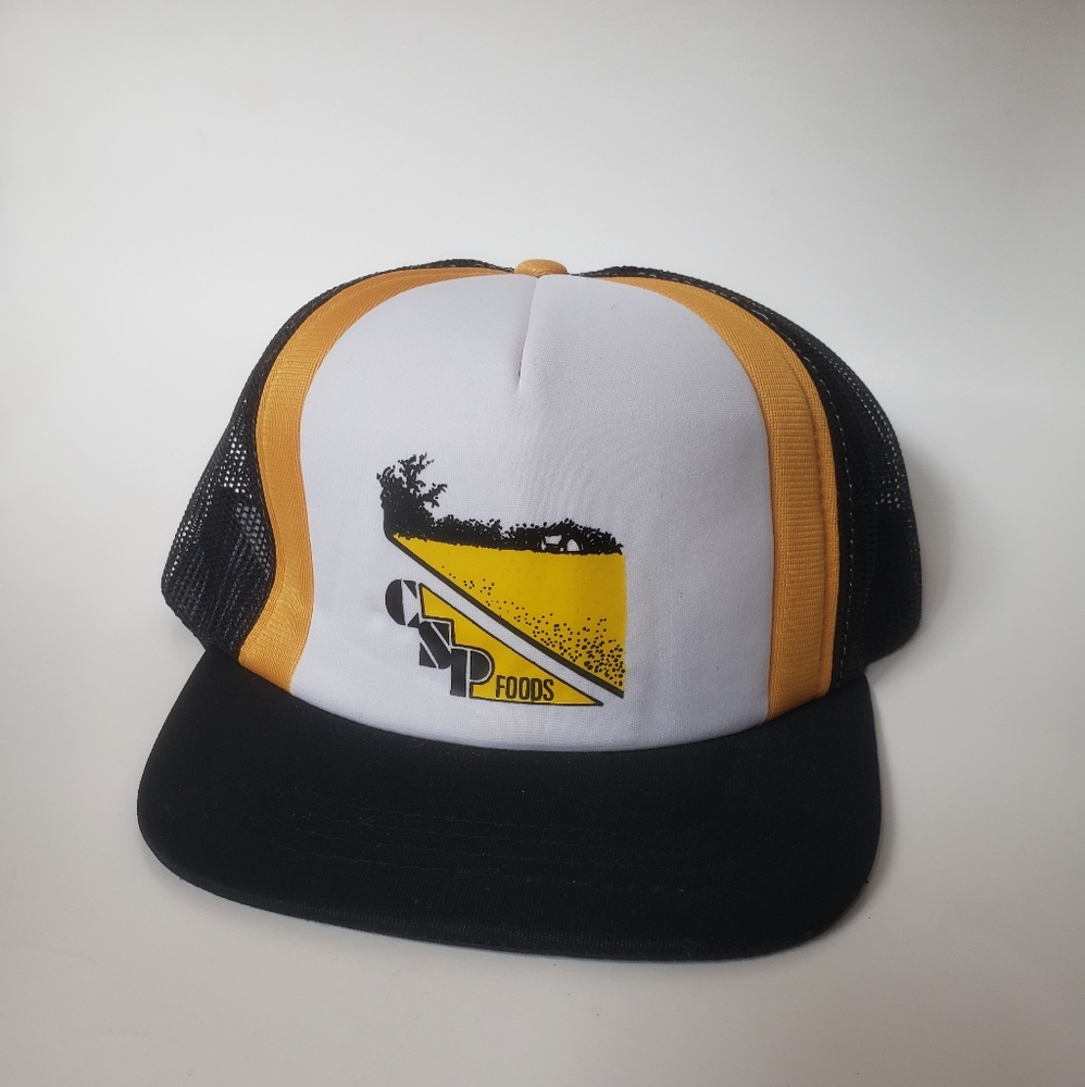 Vintage Retro 80s Black Yellow White Mesh Snap Back Trucker Hat Cap, unisex